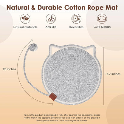 Pet Zen - Cat Scratcher Mat Natural Cotton Rope Cat Scratch Pad Round Horizontal Floor Cat Scratching Pads For Indoor Cats...
