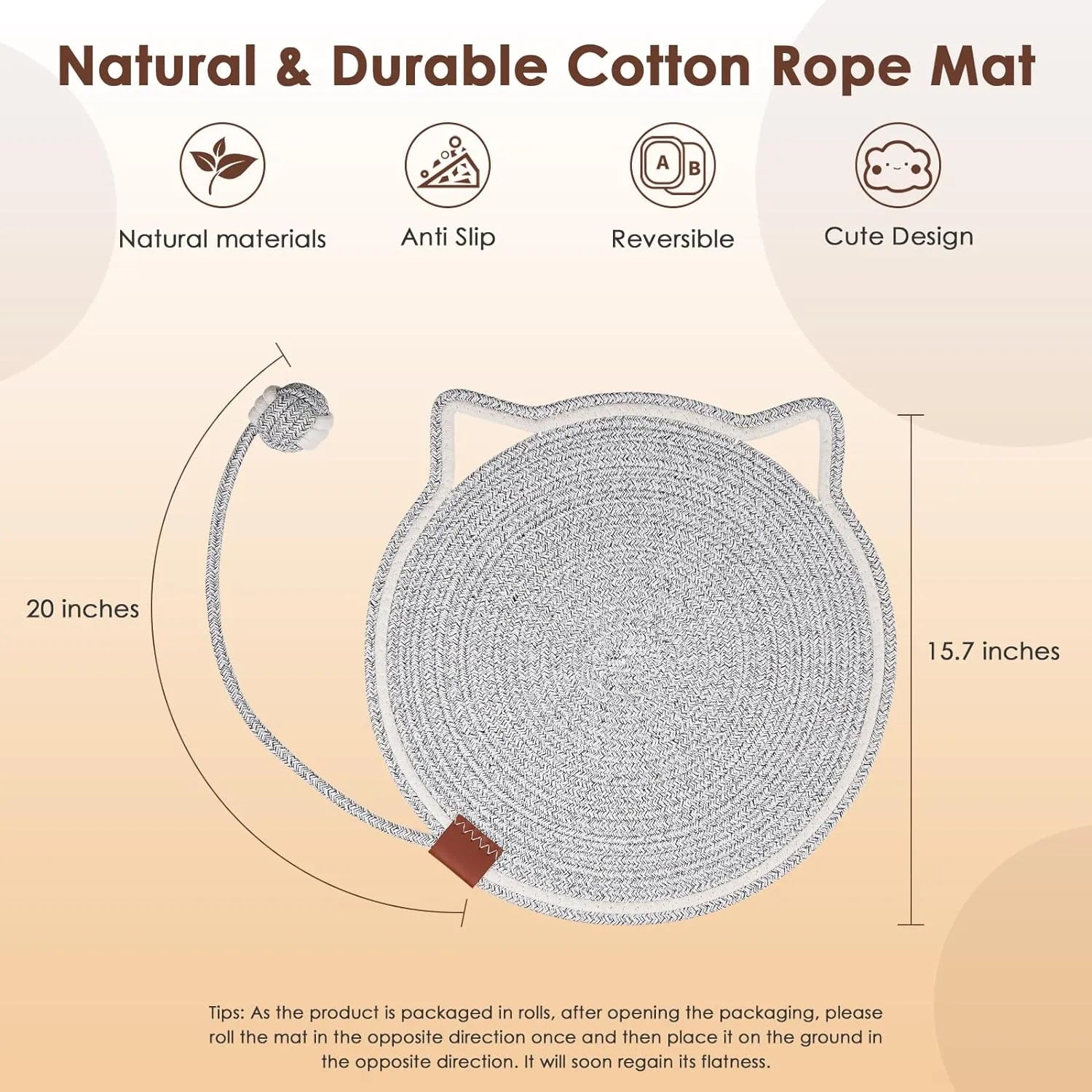 Pet Zen - Cat Scratcher Mat Natural Cotton Rope Cat Scratch Pad Round Horizontal Floor Cat Scratching Pads For Indoor Cats...