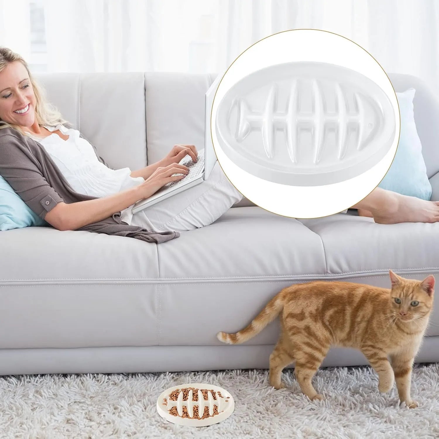 Pet Zen - Cat Slow Feeder Bowl Slow Feed Cat Dish Fishbone Cat Slow - 4