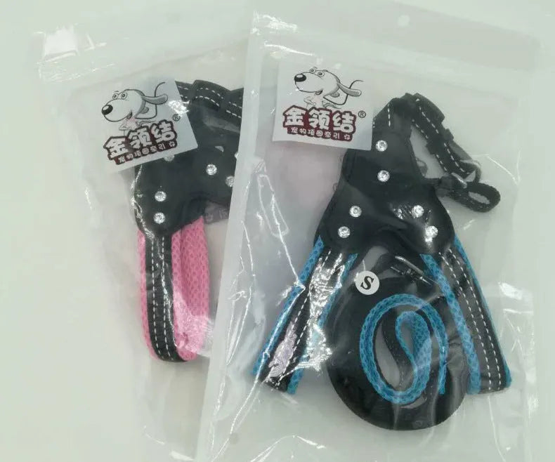 Pet Zen - Comfortable Mesh Fabric Shiny Rhinestone Pet Hand Holding Rope Reflective Dog Breast Strap Vest Style - 0