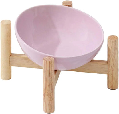 Pet Zen - Elevated Raised Bowl For Indoor Cats, Cat Basic Bowls Dish With Wooden Stand For Water And Food, Ceramic Raised ...