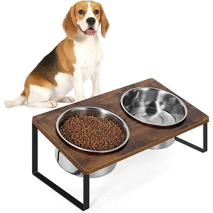 Pet Zen - Log Pet Feeding Rack Iron Wood Combined With Cat Bowl Rack - Elevated Bowls