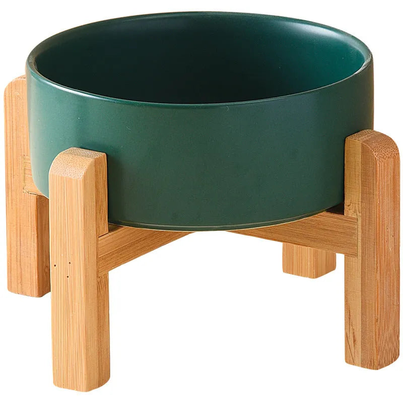 Pet Zen - Pet Anti Rollover Ceramic With High Bamboo And Wood Frame Bowl - 0