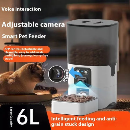 Pet Zen Smart WiFi Auto Feeder in sleek design, 6L capacity, featuring an HD camera, perfect for luxury pet care.