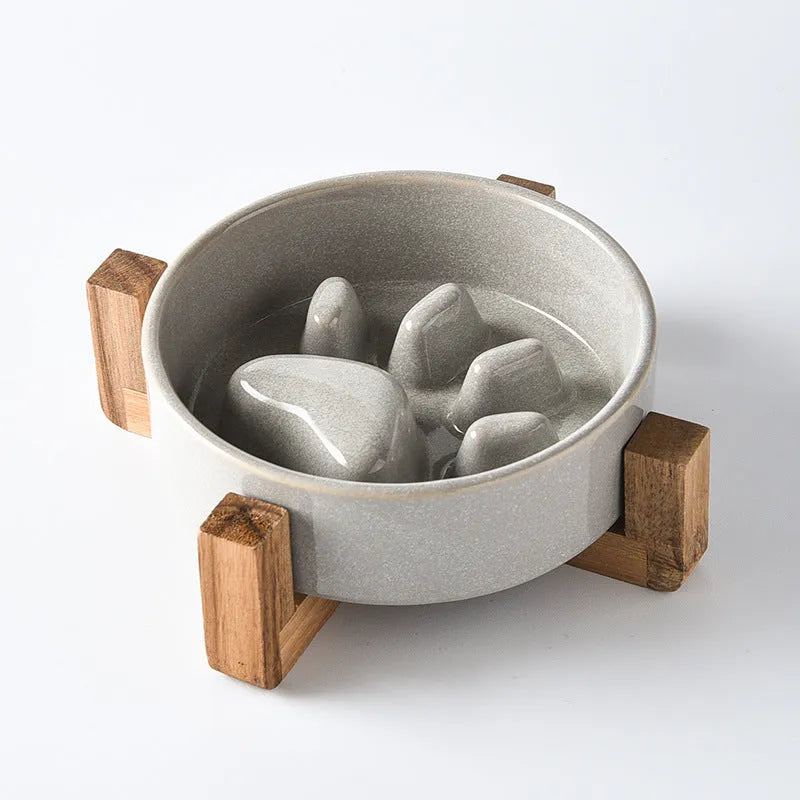 Pet Zen - Zen Ceramic Elevated Cat Bowl with Natural Wooden Stand 12oz - Pet Bowls