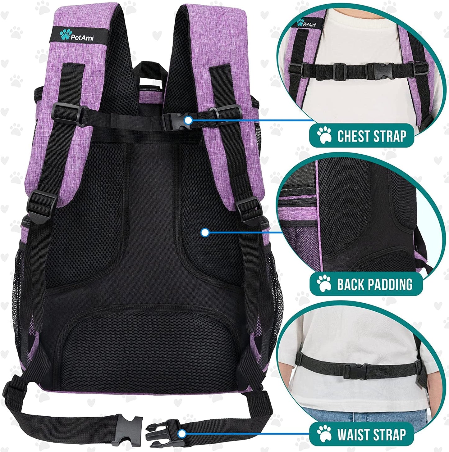 Purple breathable pet carrier backpack featuring adjustable straps and back padding for comfort