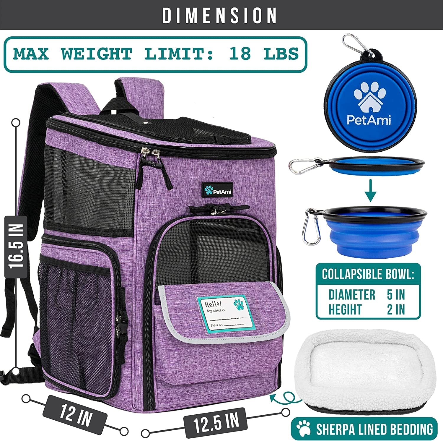 Breathable pet carrier backpack in purple with mesh panels and collapsible bowl for pets up to 18 lbs