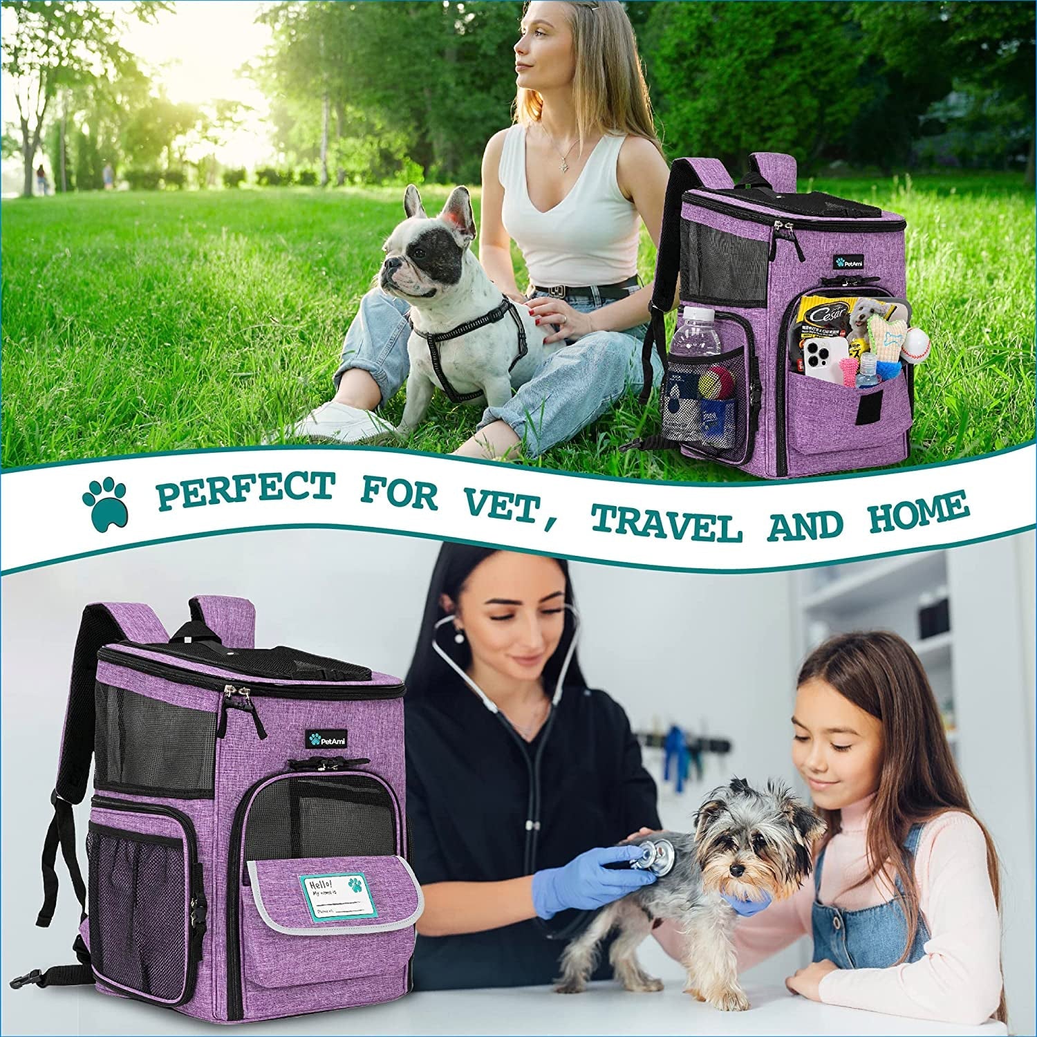 Purrfect Pet Kingdom breathable pet carrier backpack designed for travel and vet visits with ample storage space