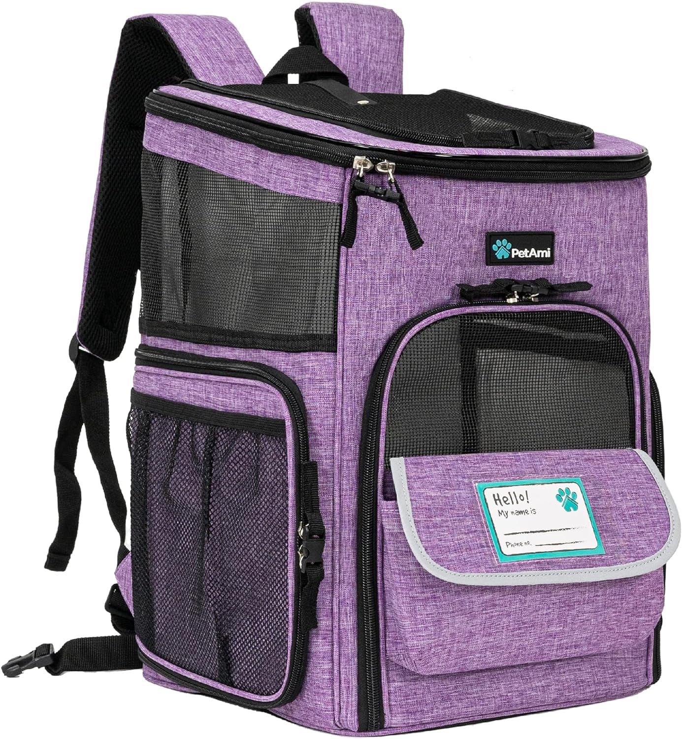 Purple pet carrier backpack with breathable mesh design for comfortable pet transport