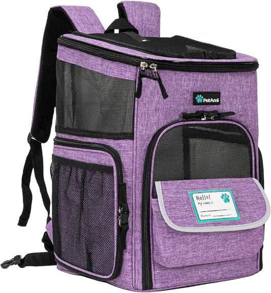 Purple pet carrier backpack with breathable mesh design for comfortable pet transport