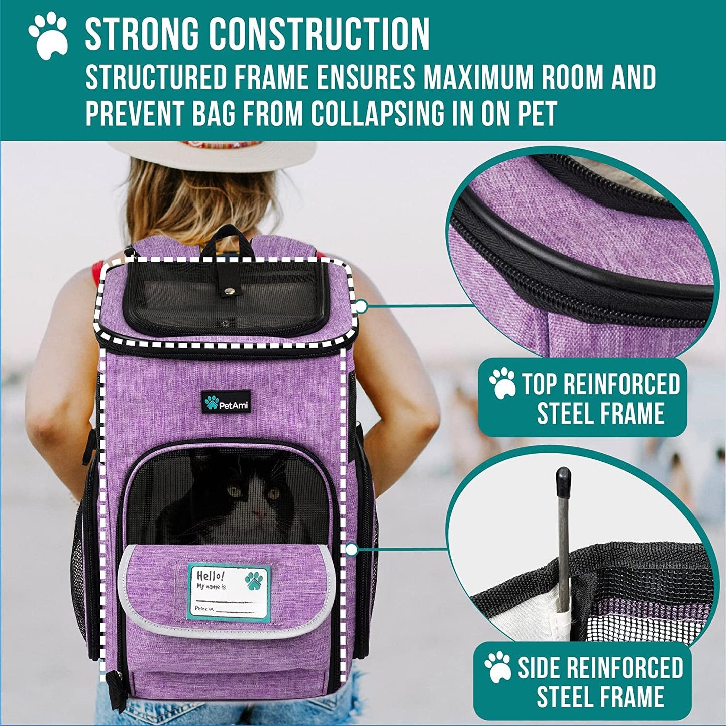 Breathable pet carrier backpack with strong construction and maximum room for pet comfort