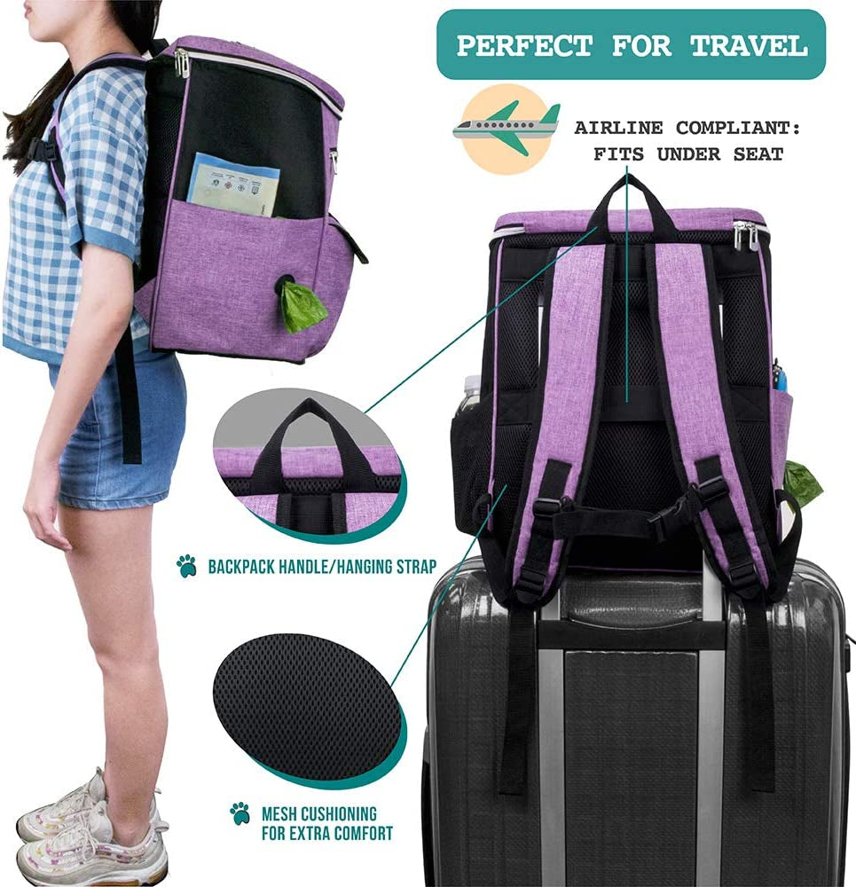 Purrfect Pet Kingdom backpack carrier with mesh cushioning, ideal as a portable dog supply organizer