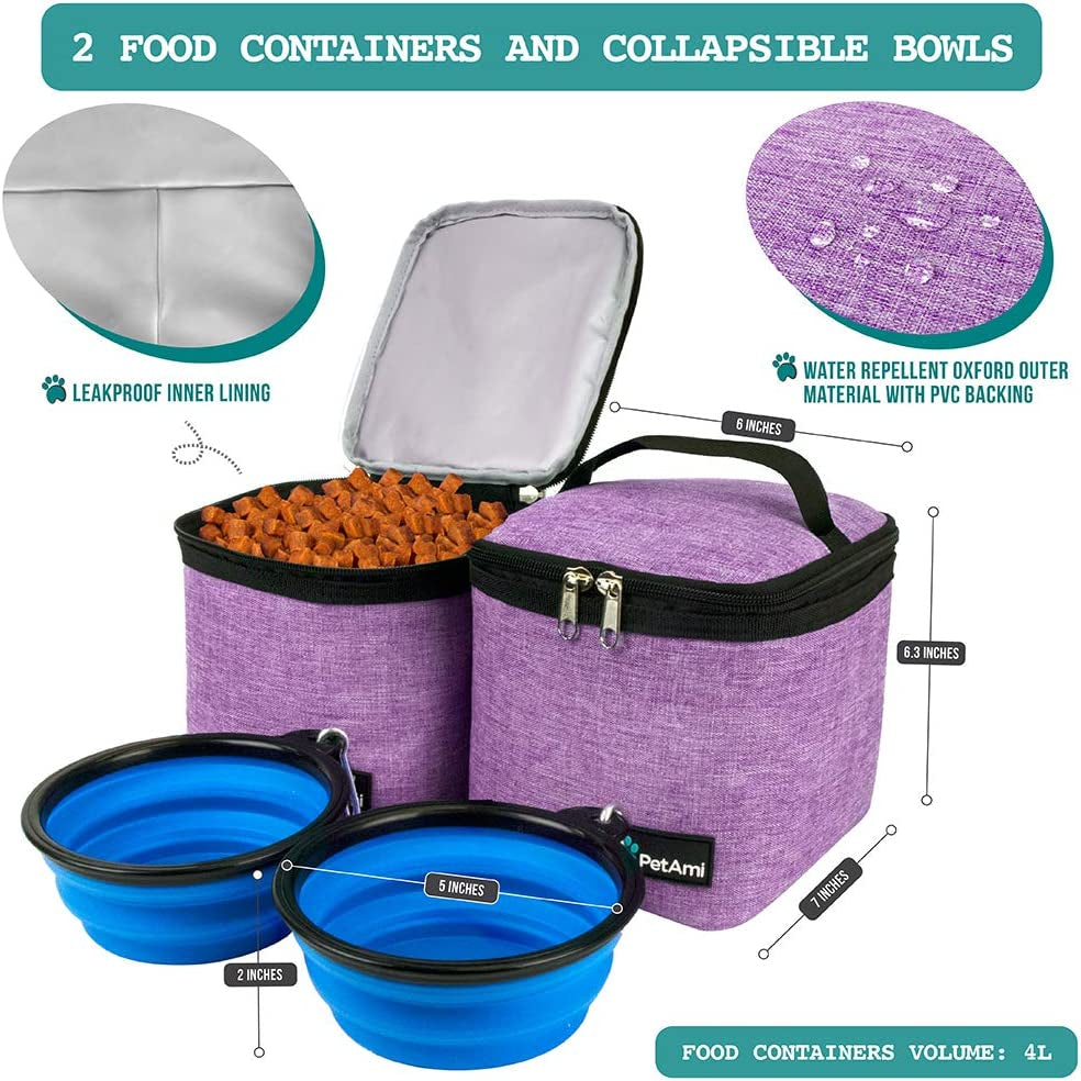 Portable dog supply organizer with two food containers and collapsible bowls for pet feeding on the go