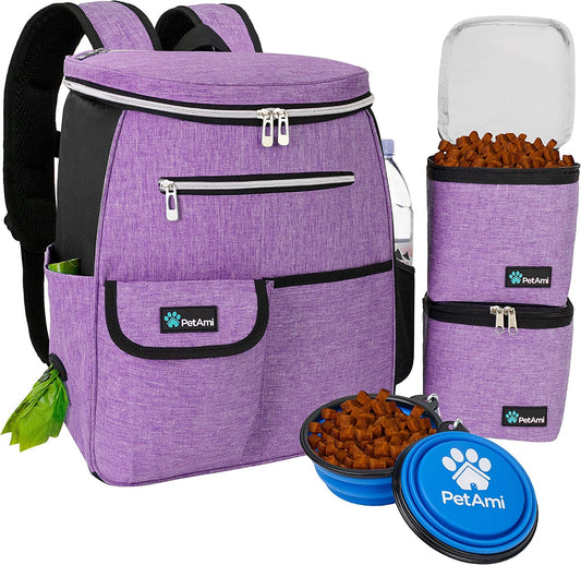 Purple backpack carrier with food containers and bowls, perfect as a portable dog supply organizer