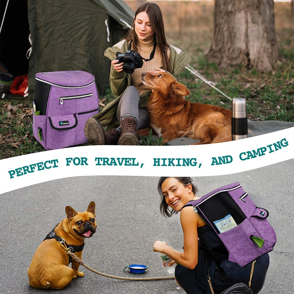Purrfect Pet Kingdom portable dog supply organizer for hiking and camping with a woman and her dogs
