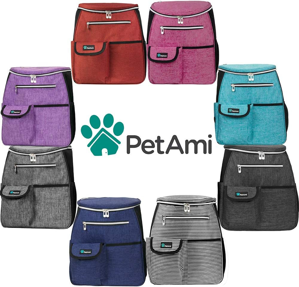 Assorted PetAmi Backpack Carriers in various colors with storage pockets for portable dog supply organizer