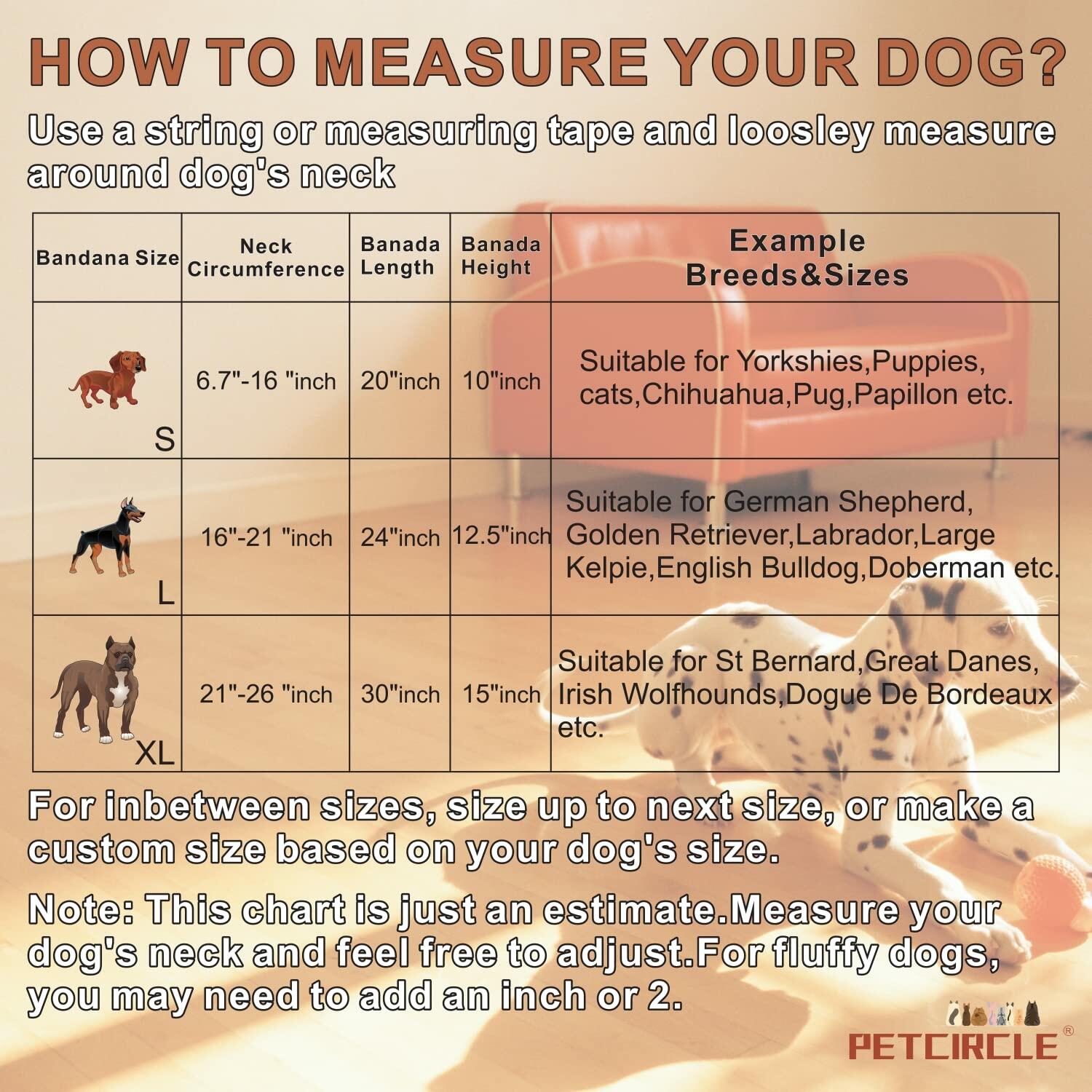 Fall dog bandanas 2 pack with measuring guide for sizes and breeds from Purrfect Pet Kingdom