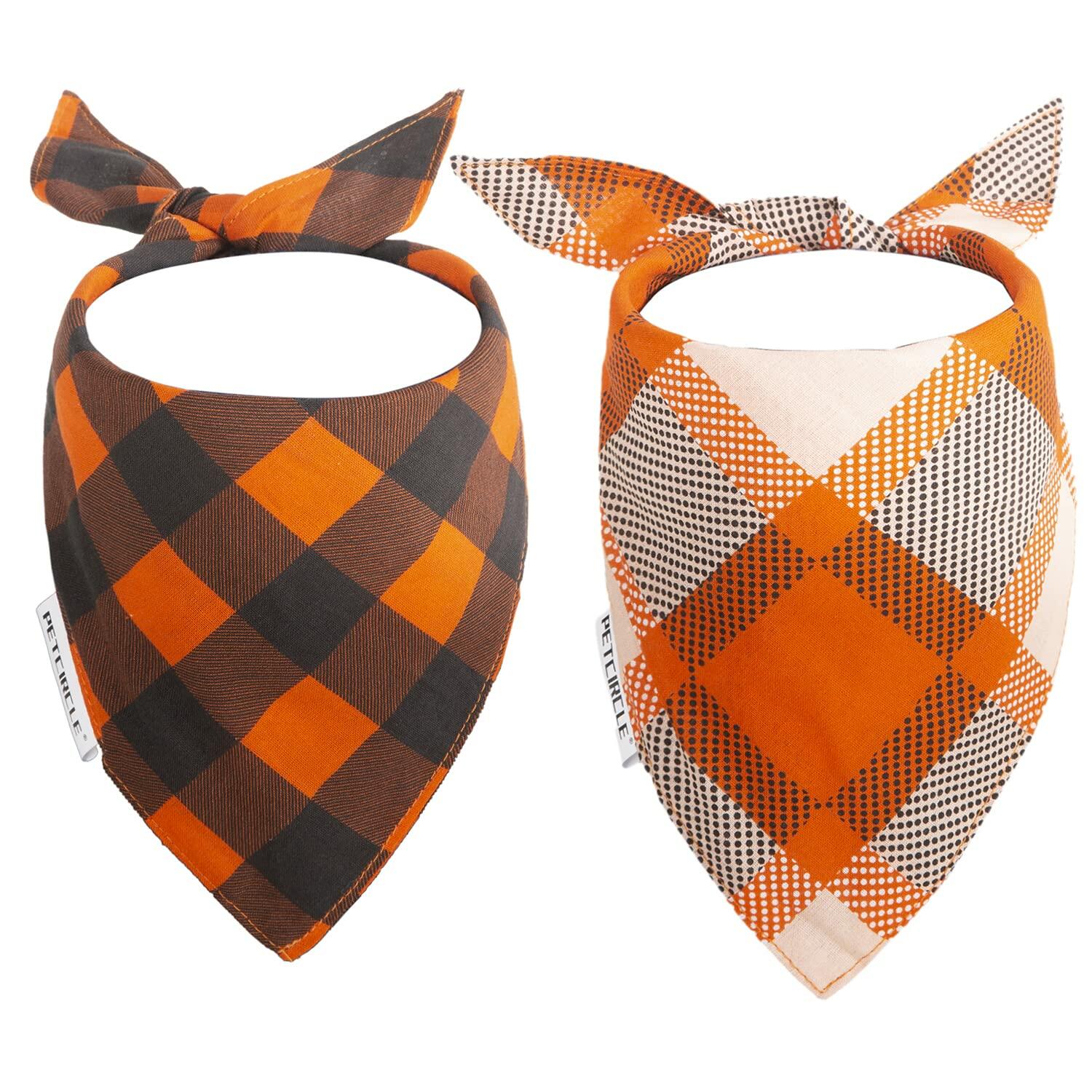 Fall dog bandanas 2 pack in orange plaid and checkered designs for stylish pets