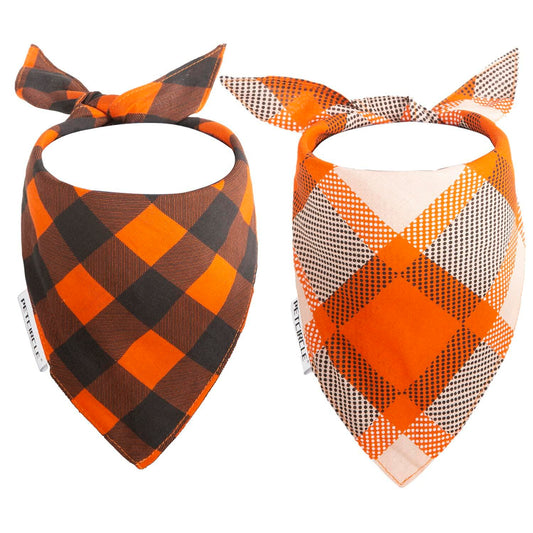 Fall dog bandanas 2 pack in orange plaid and checkered designs for stylish pets