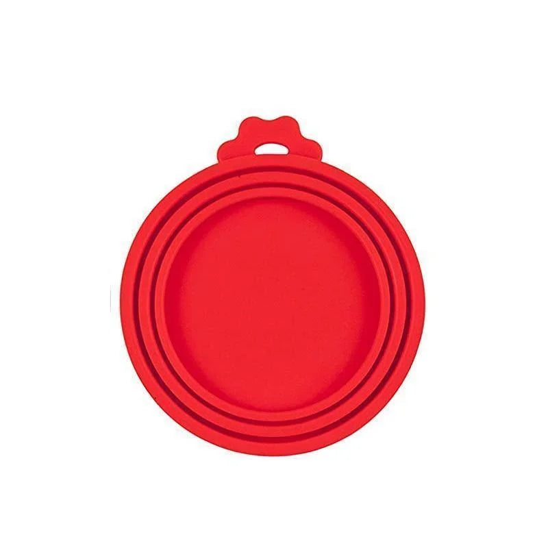 Set of red silicone can lids for pet food to keep contents fresh and airtight
