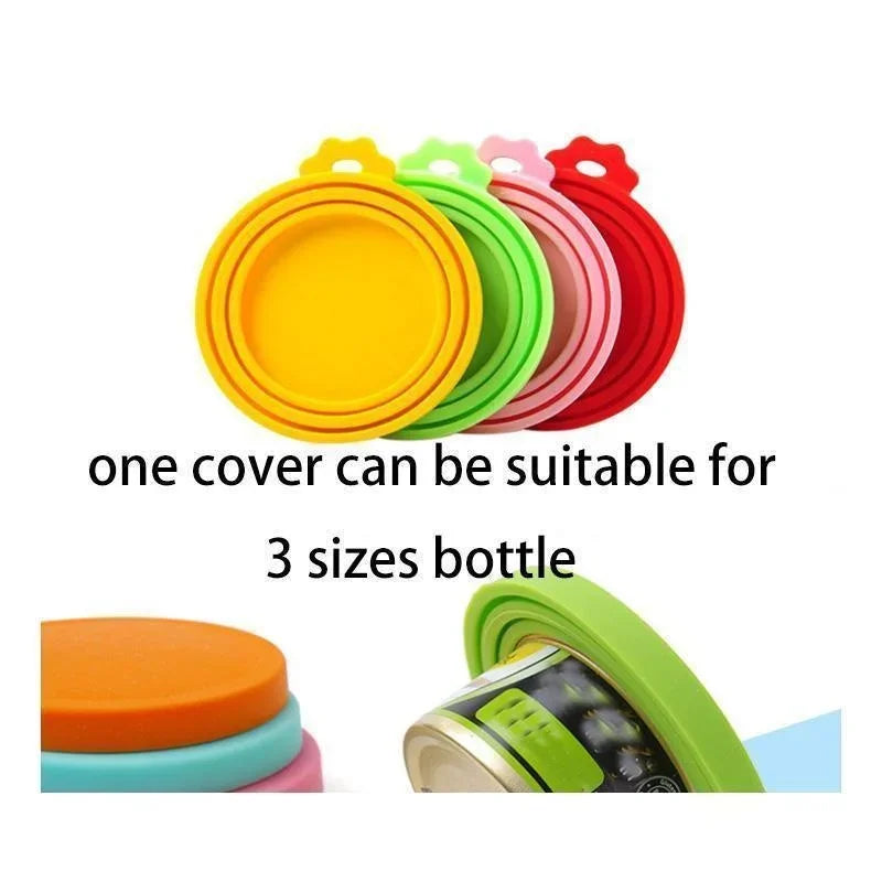 Colorful silicone can lid for pet food, fits various bottle sizes for easy sealing and storage.