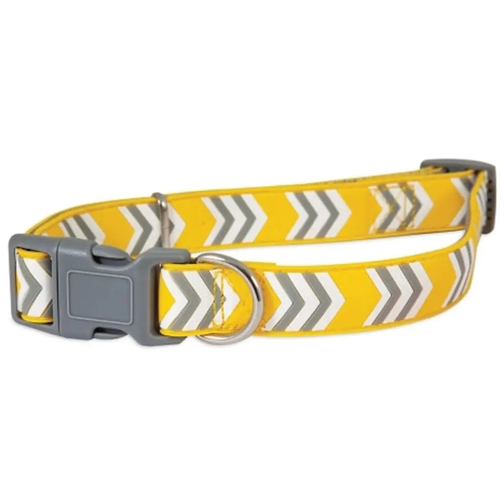 Petmate adjustable dog collar in yellow with chevron pattern and quick release buckle for easy usage
