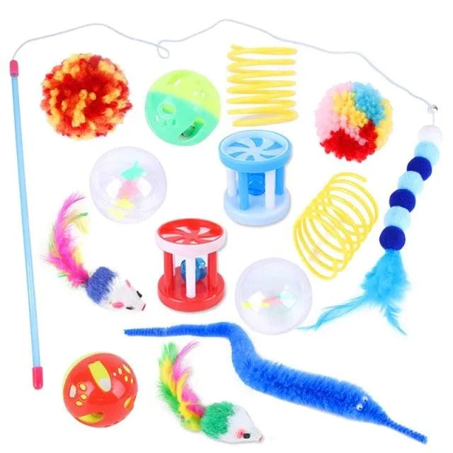 Colorful Stevvex mouse-shaped cat toy balls and feather sticks in a 14-piece set, perfect for interactive play and fun for...