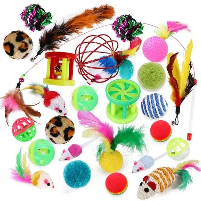 Colorful Stevvex mouse-shaped cat toy balls and feather sticks in a 14-piece set, perfect for interactive play and fun for...