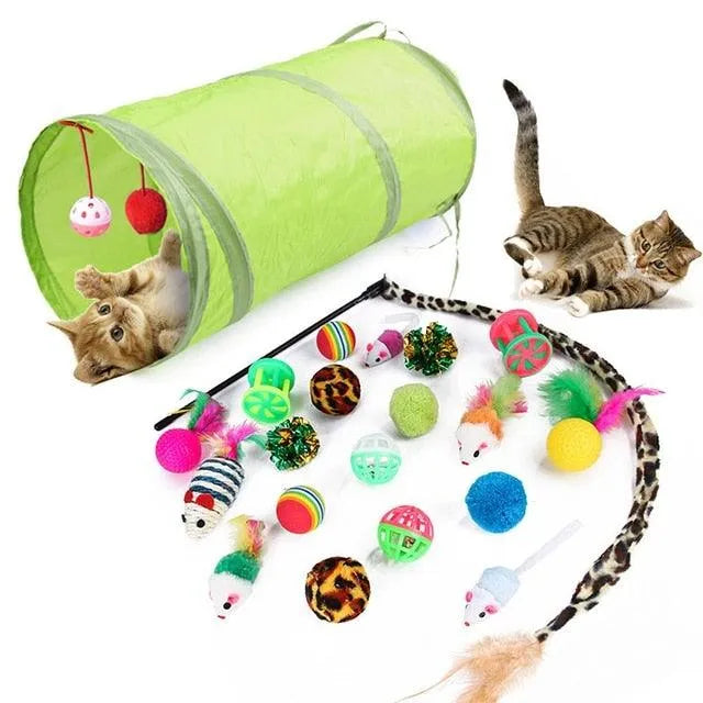 Colorful Stevvex cat toys set featuring mouse-shaped balls, feather toys, and a foldable rainbow tunnel, available in 14, ...