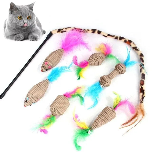 Colorful assortment of Stevvex mouse-shaped cat toys, including balls and feather sticks, available in 14, 21, or 27 pieces.