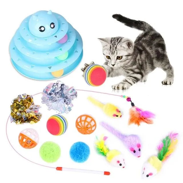 Colorful Stevvex cat toys set featuring mouse-shaped balls, feather toys, and a foldable rainbow tunnel, available in 14, ...