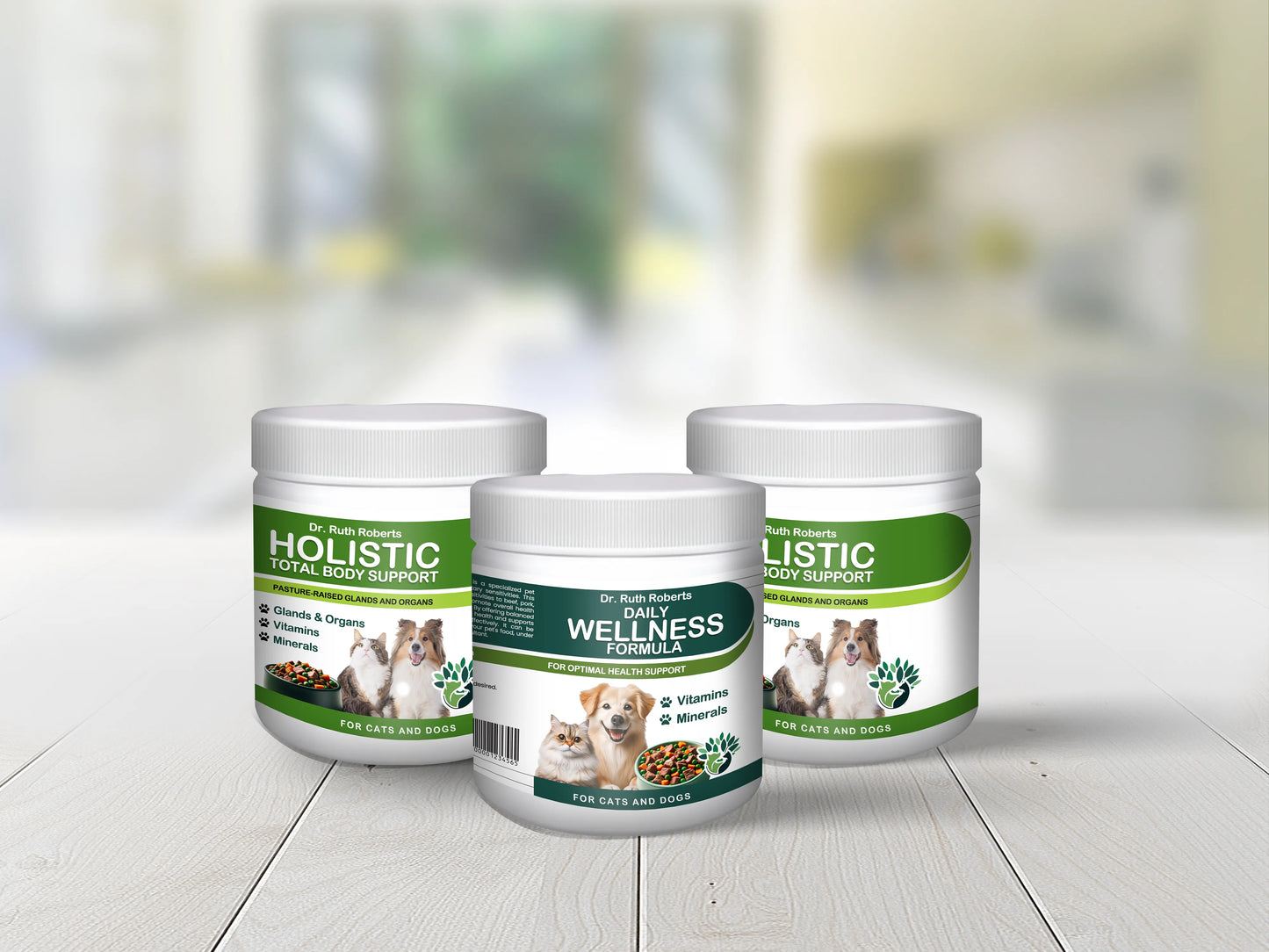 Pet's Daily Wellness Formula by Dr. Ruth Roberts, 54.00, ideal for pets with pork/beef allergies, featuring a vibrant label.