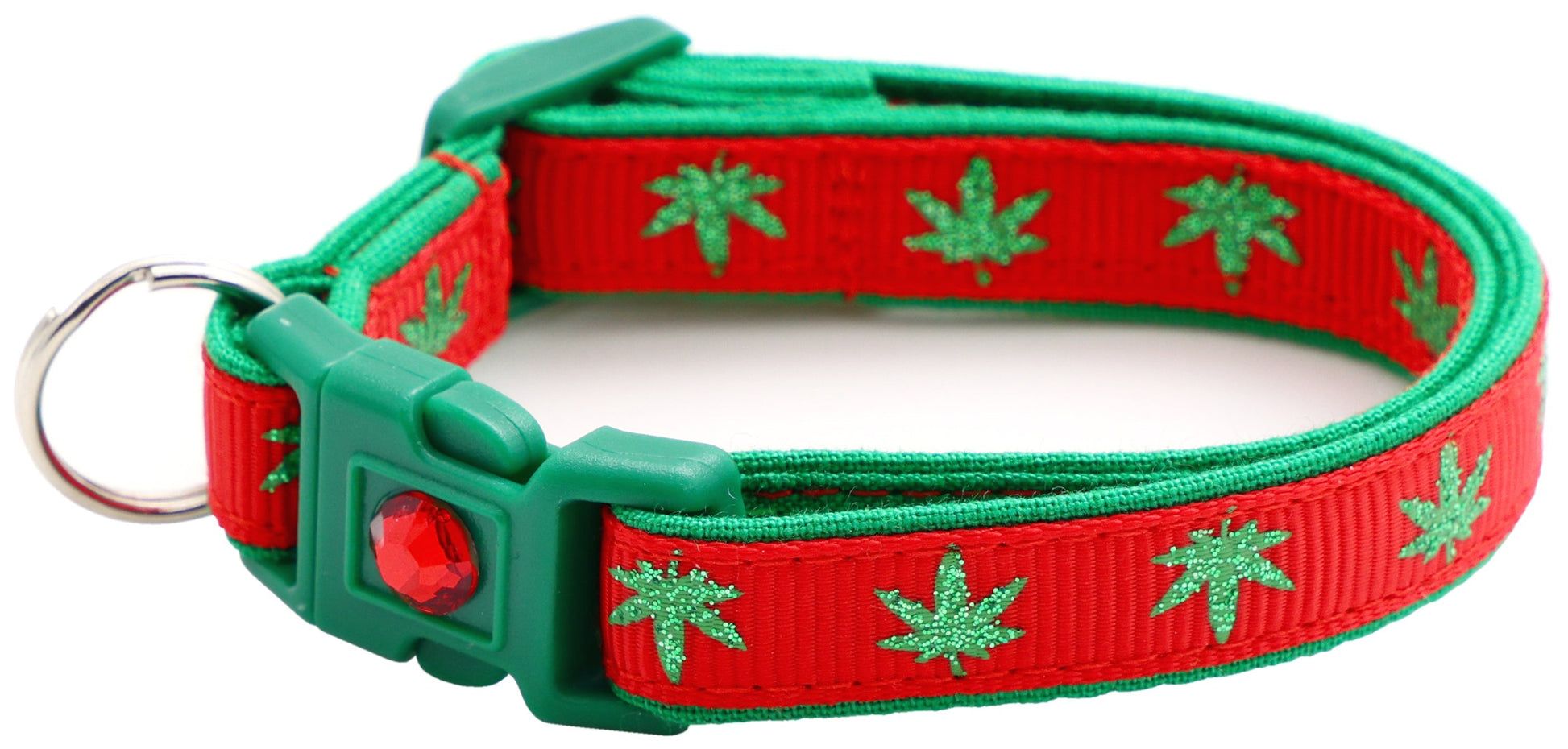 Tail Chasers festive safe adjustable cat collar for pets with a red and green design featuring leaf patterns