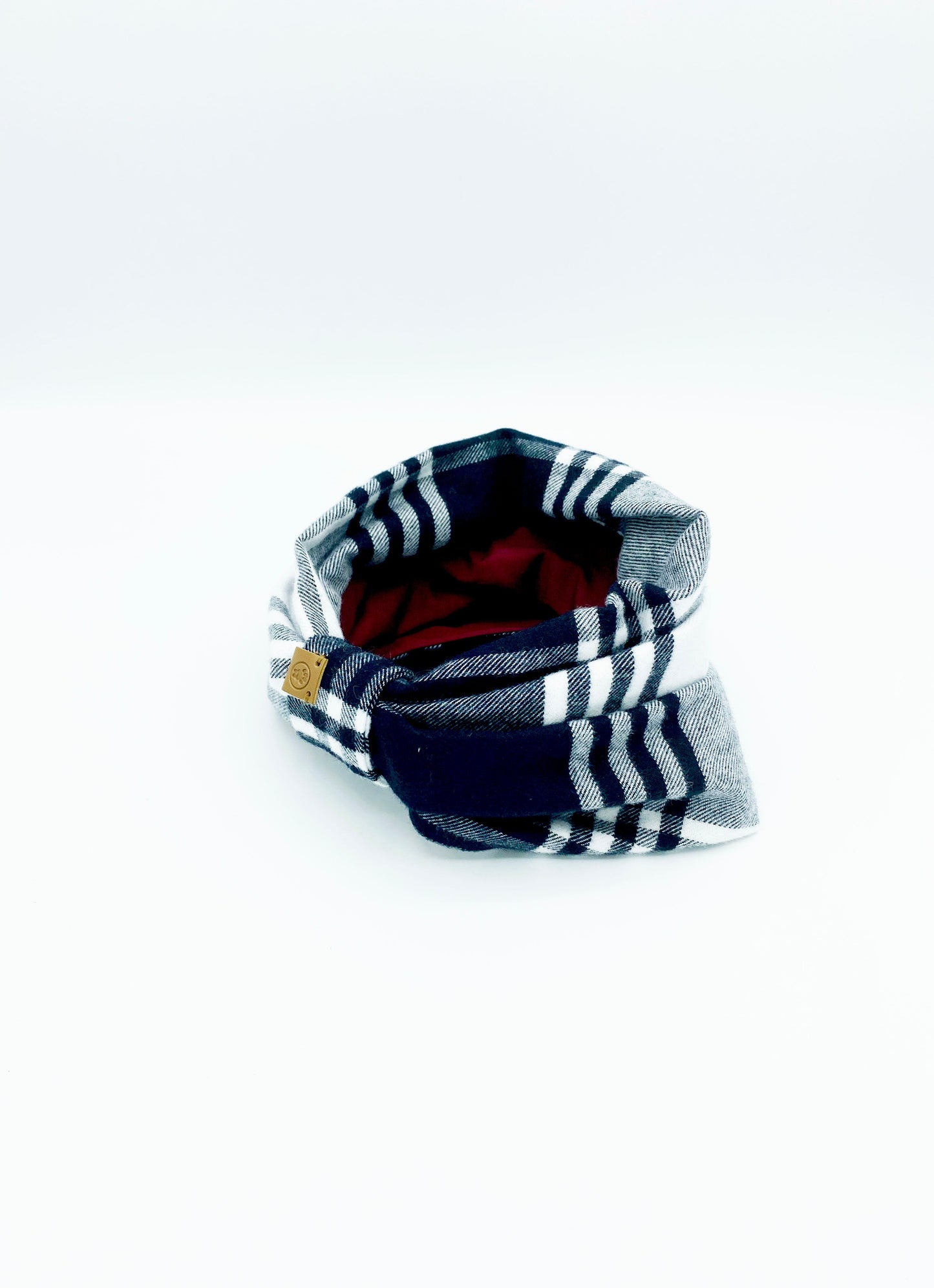 BESPOKE PAWS warm winter snood for pets in grey and black plaid with a soft red interior