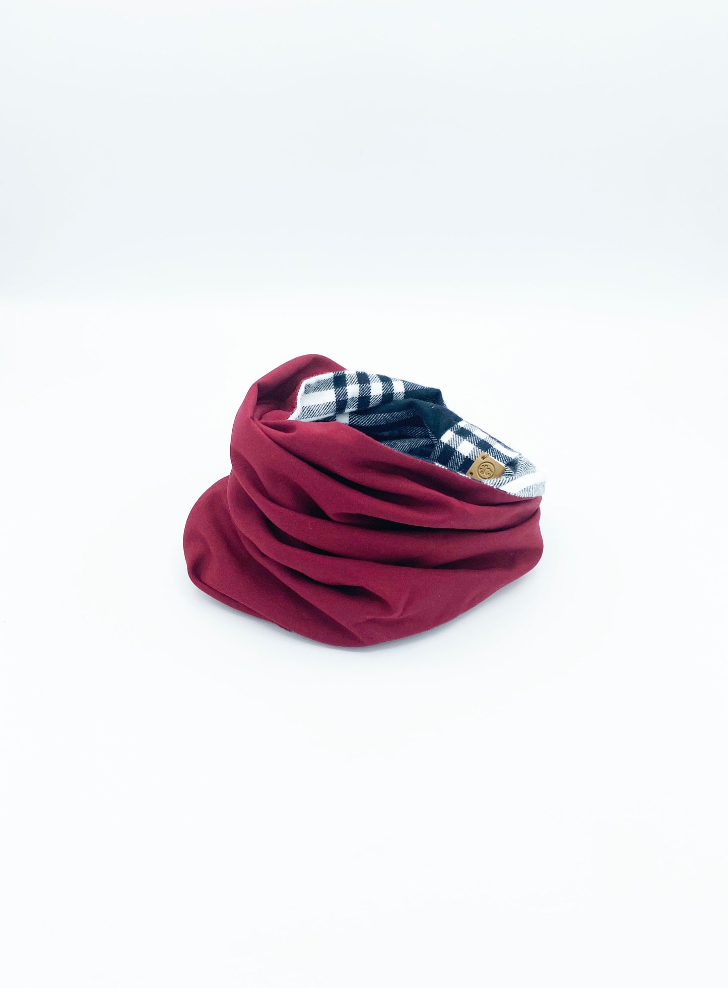 BESPOKE PAWS warm winter snood for pets in burgundy and navy plaid with stylish design