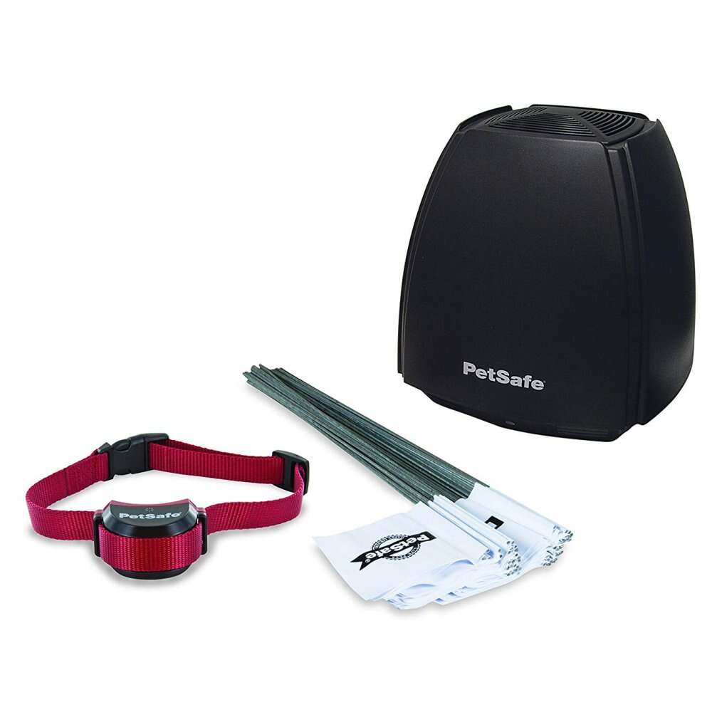 Perimeter Technologies Dog Wireless Fence System with collar, boundary flags, and transmitter box