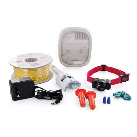 PetSafe in-ground dog fence system components including boundary wire, collar, and transmitter for pet safety
