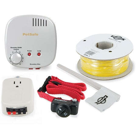 PetSafe in-ground dog fence system with boundary wire, transmitter, collar, and installation accessories