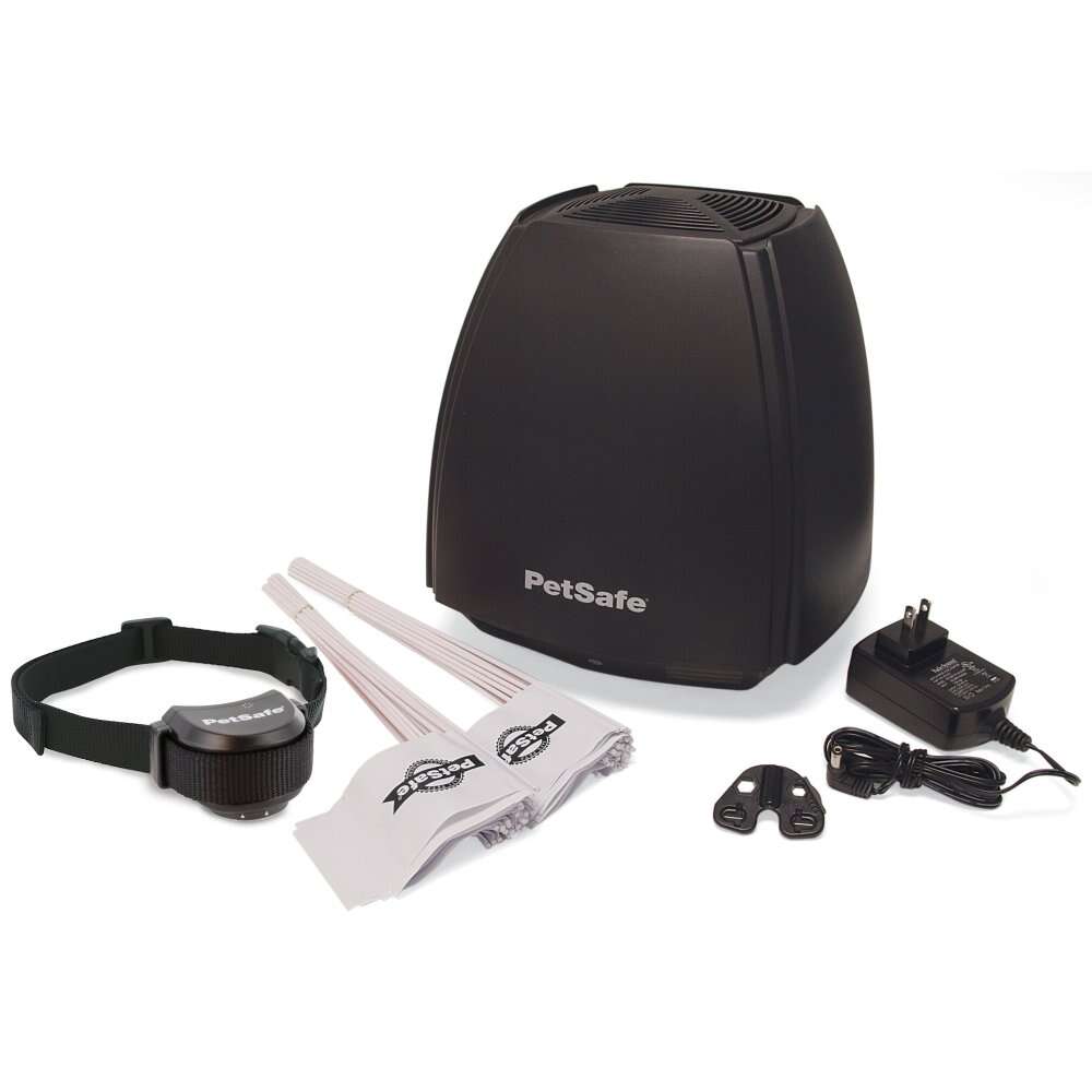 Perimeter Technologies Wireless Dog Fence system components including receiver collar, transmitter, and boundary flags