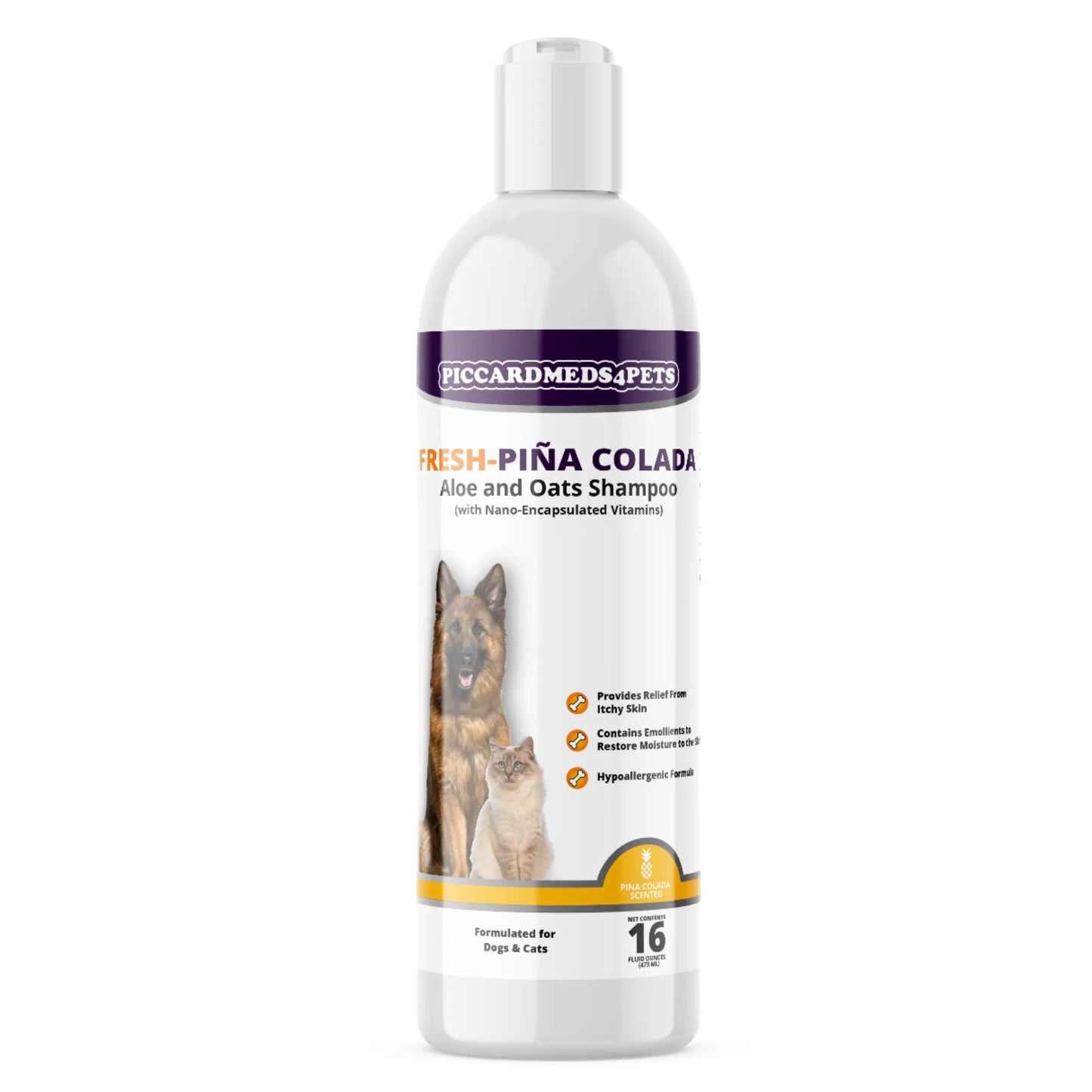 Piccardmeds4pets Fresh Piña Colada Aloe and Oatmeal Shampoo by Paw and Tail Supply, 15.99, perfect for cats and dogs.