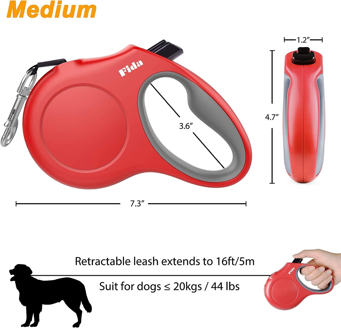 MJ's Pet Closet Retractable Dog Leash in red, extending up to 16ft for dogs up to 44 lbs