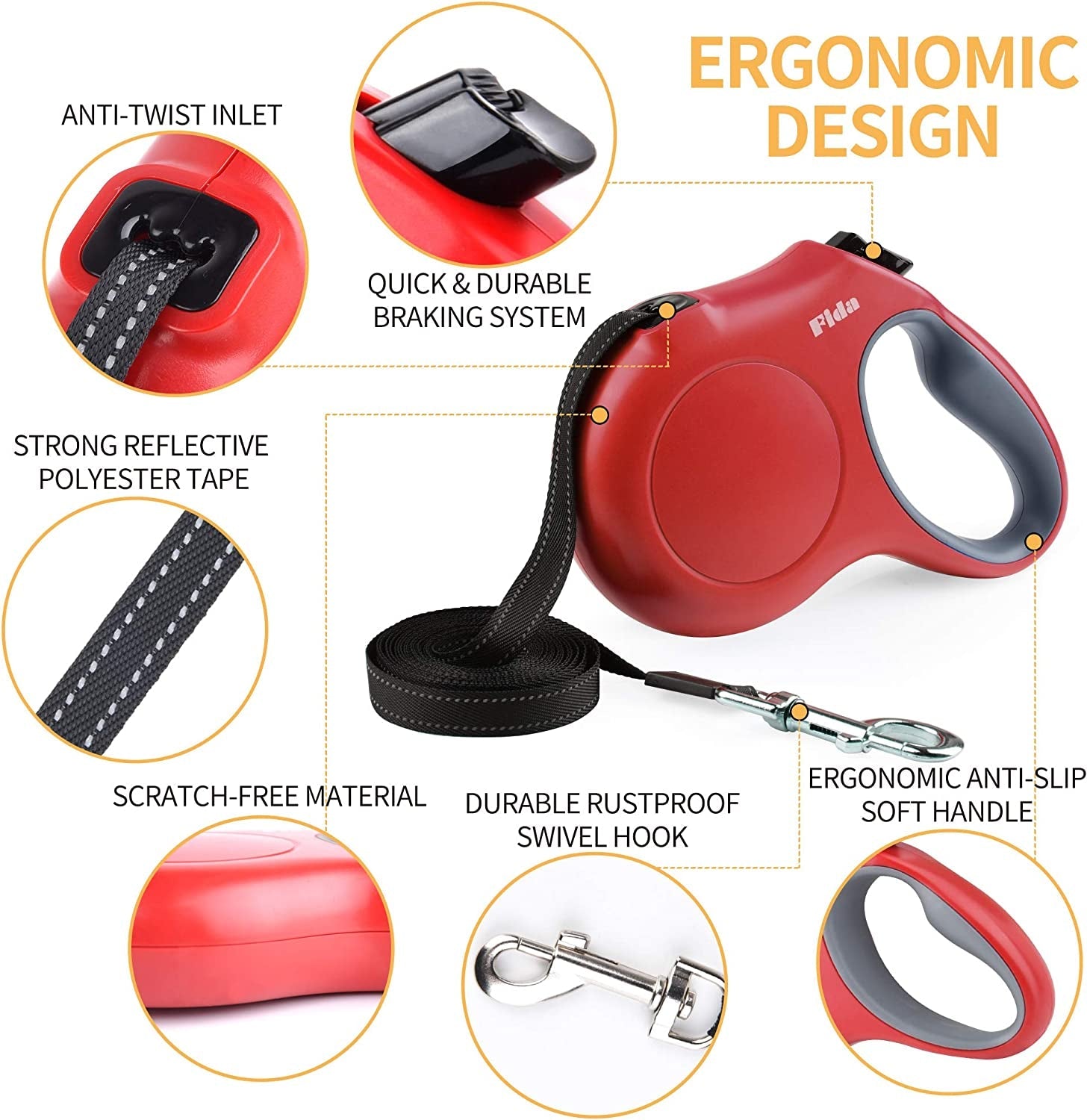 MJ's Pet Closet Retractable Dog Leash in red with ergonomic design and quick braking system