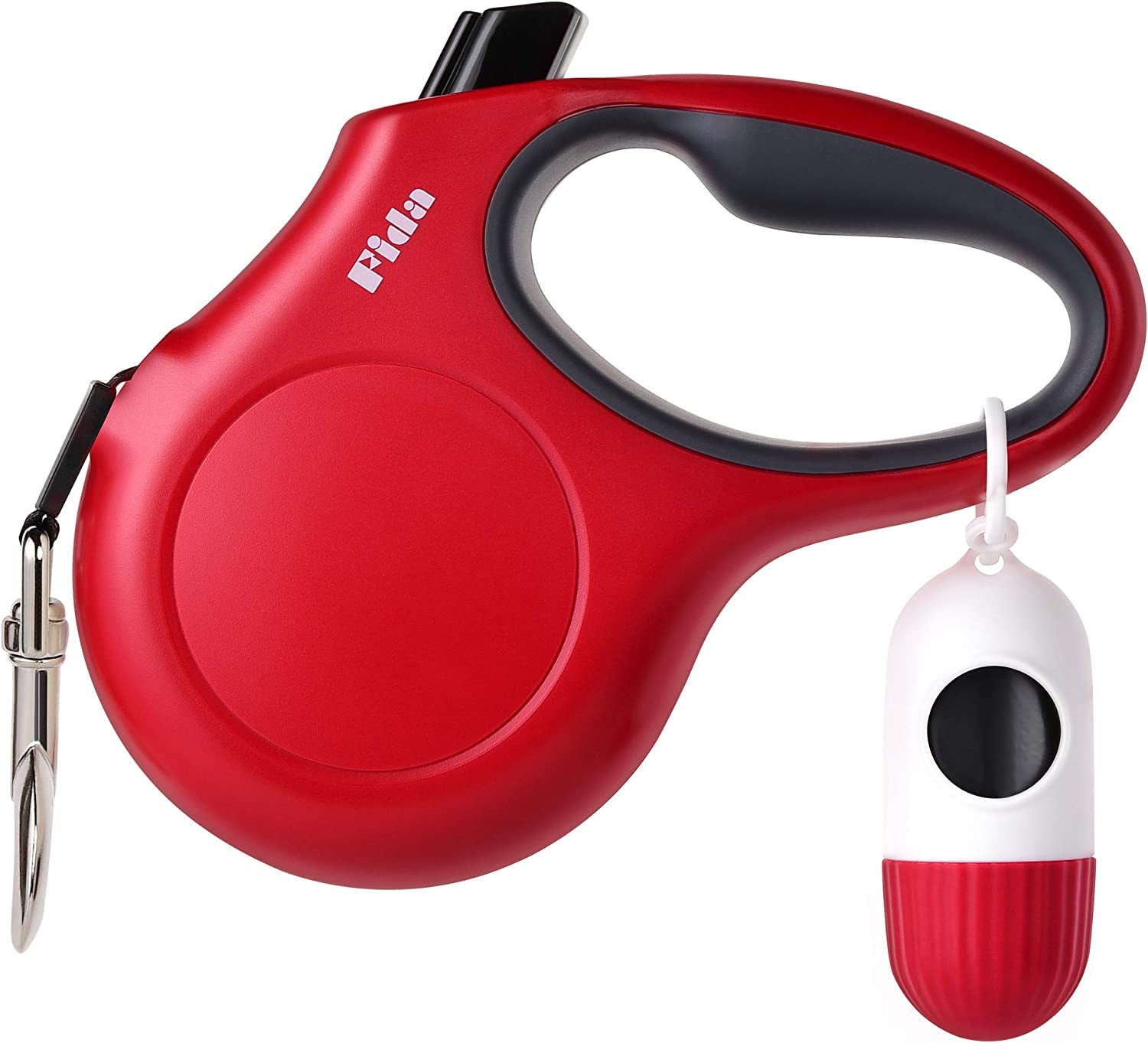 Red Retractable Dog Leash with Easy Grip Handle and Built-in Waste Bag Dispenser