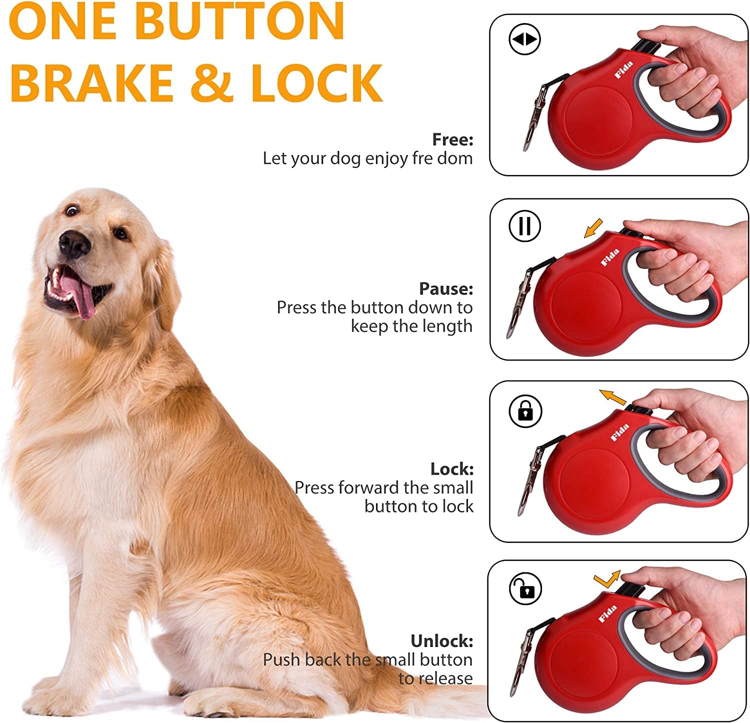 MJ's Pet Closet Retractable Dog Leash with One Button Brake and Lock for Easy Control