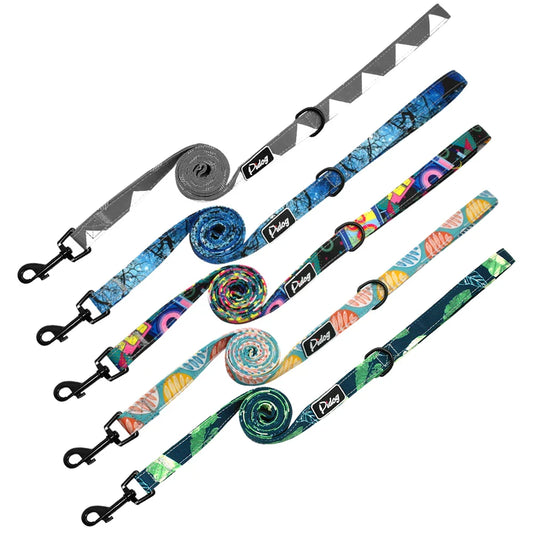 Variety of Tail Chasers nylon dog leashes showcasing vibrant designs, ideal durable dog leash for large dogs