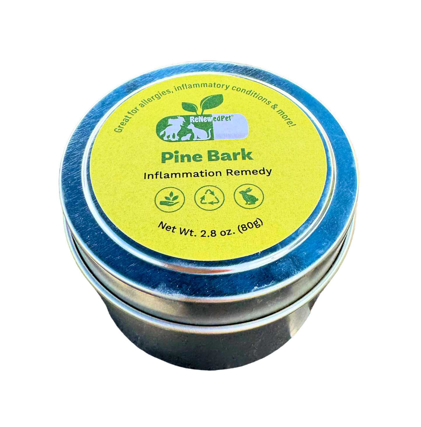 ReNewedPet Pine Bark Powder Inflammation Support in a round silver metal tin with a bright yellow-green label.
