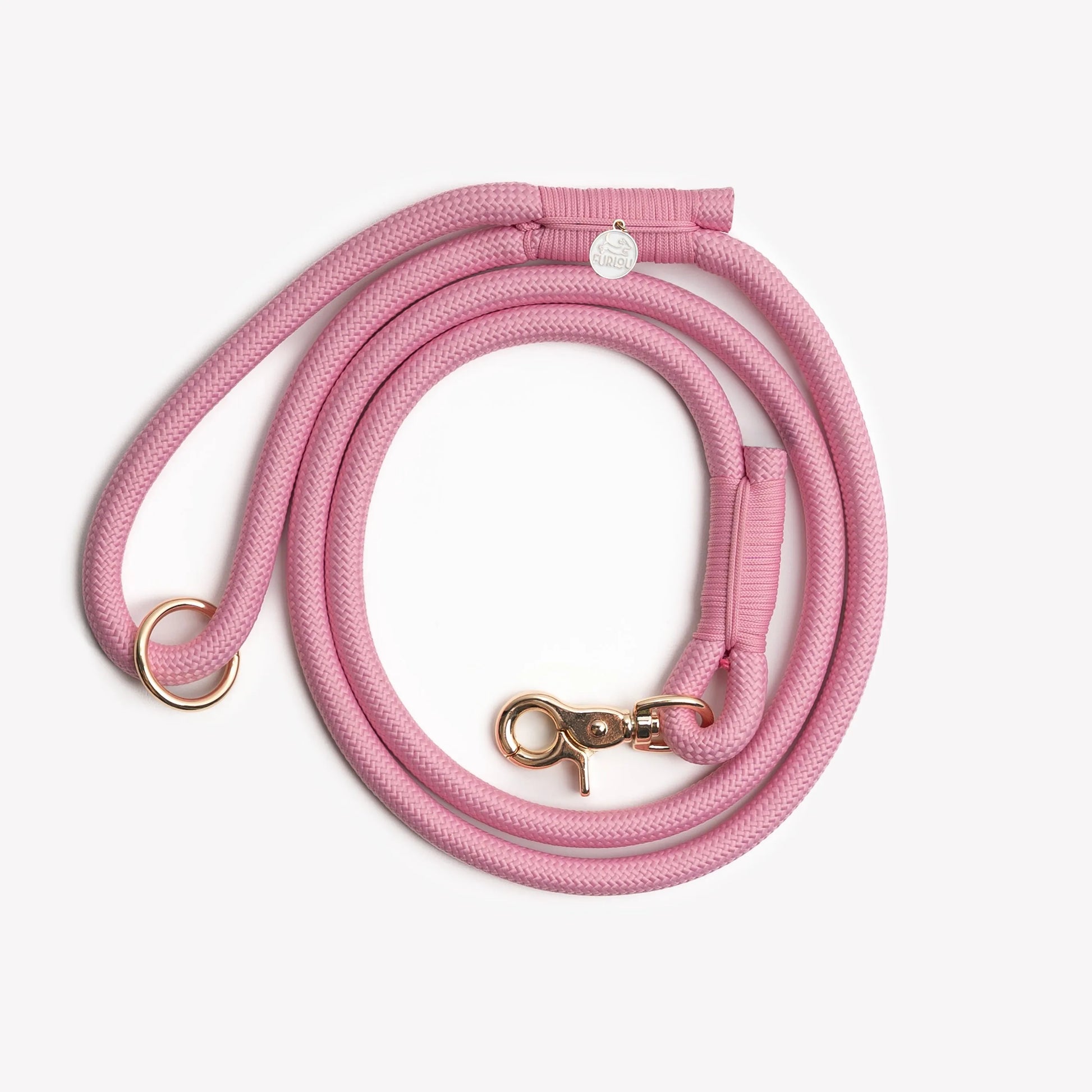 Pink braided rope leash by FURLOU, perfect for walking pets, featuring a sturdy design and comfortable grip.