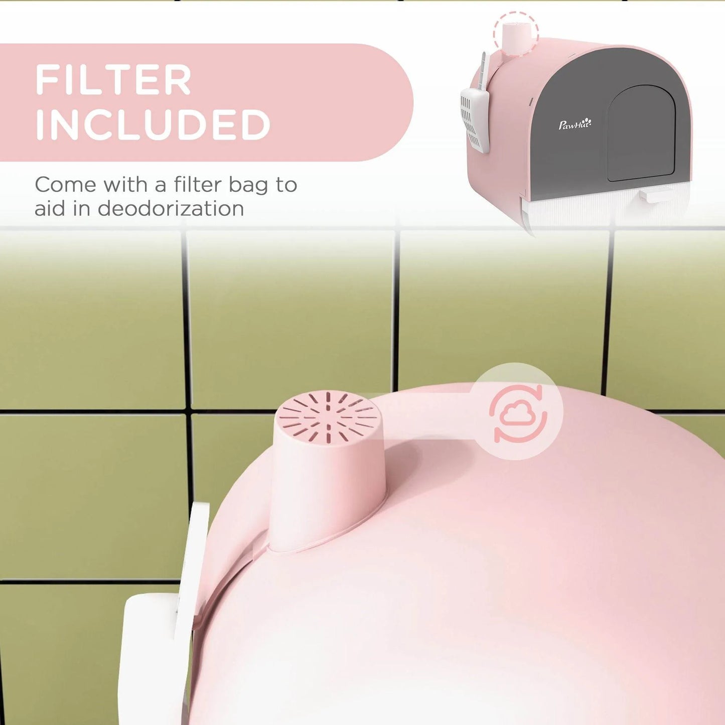 Pink covered cat litter box with odor filter from The Max & Rex Collection, offering complete privacy for your feline friend.