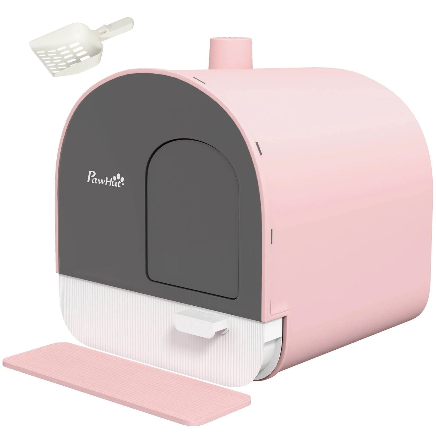 Pink covered cat litter box enclosure with odor filter from The Max & Rex Collection, offering complete privacy for your cat.