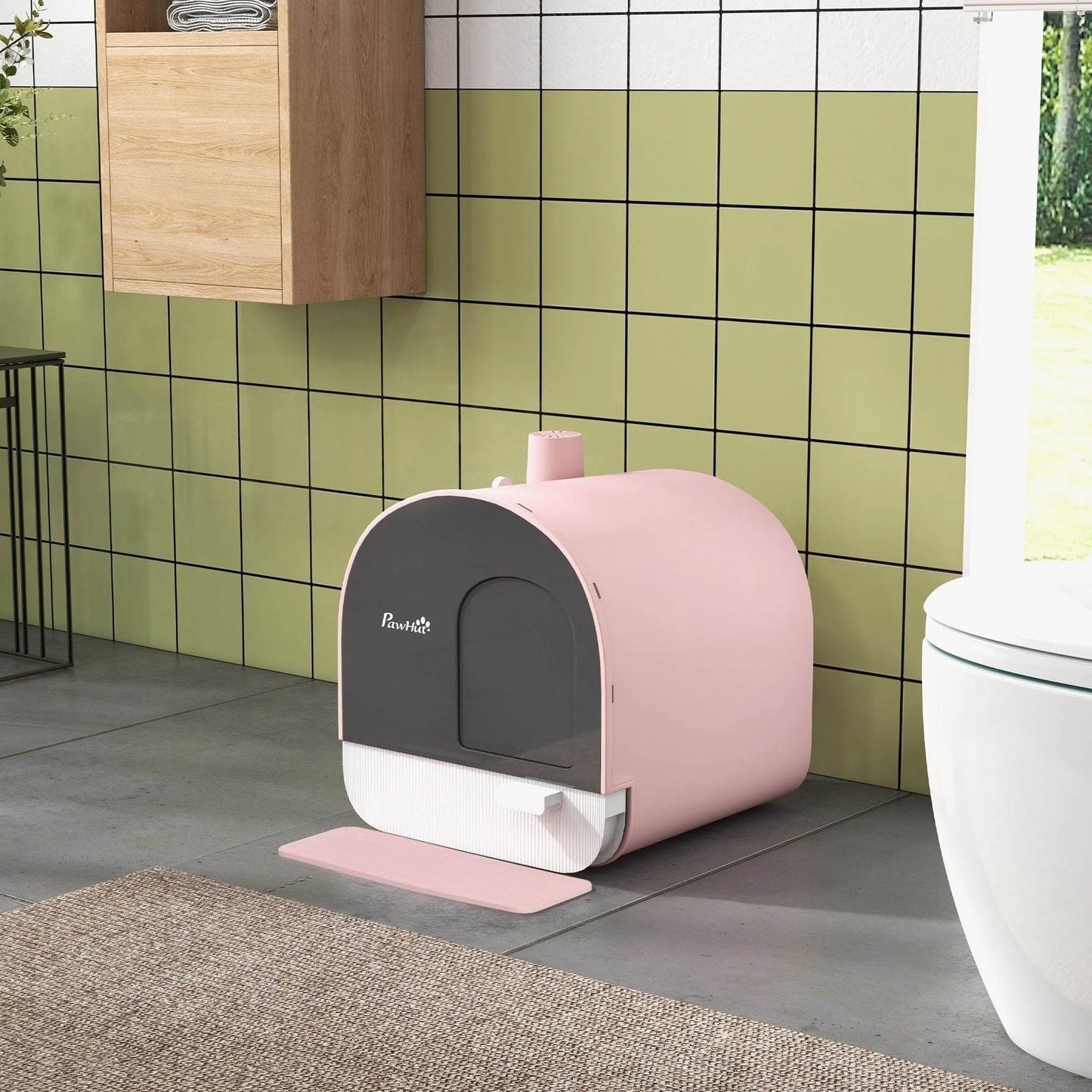 Pink covered cat litter box with odor filter from The Max & Rex Collection, offering complete privacy for your feline friend.